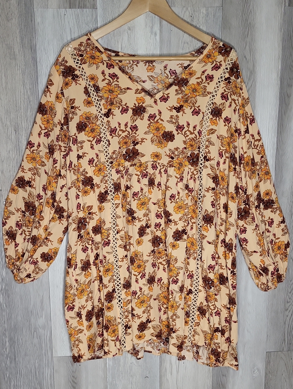 Rusttydustty Boho Tunic Length Mini Dress Womens 1X Balloon Sleeve Floral Flowy